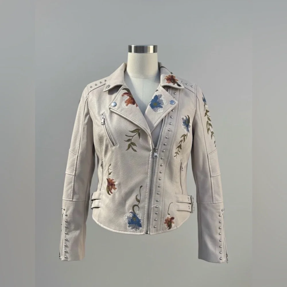 Boho Floral Embroidered Cream Biker Jacket Silver Studded Faux Leather  Size S - Picture 9 of 15